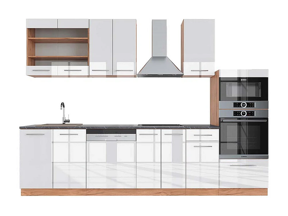 Køkkenrække hvid højglans/guld power oak 300x60x81.6 fame-line