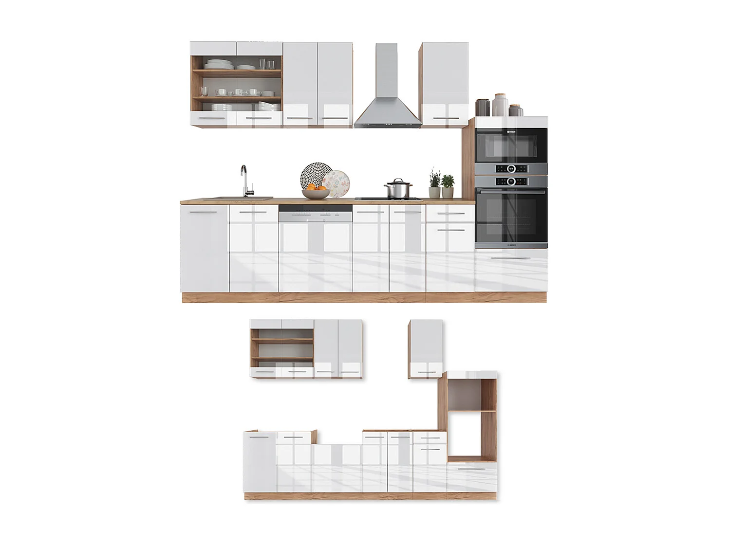 Køkkenrække hvid højglans/guld power oak 300x60x81.6 fame-line