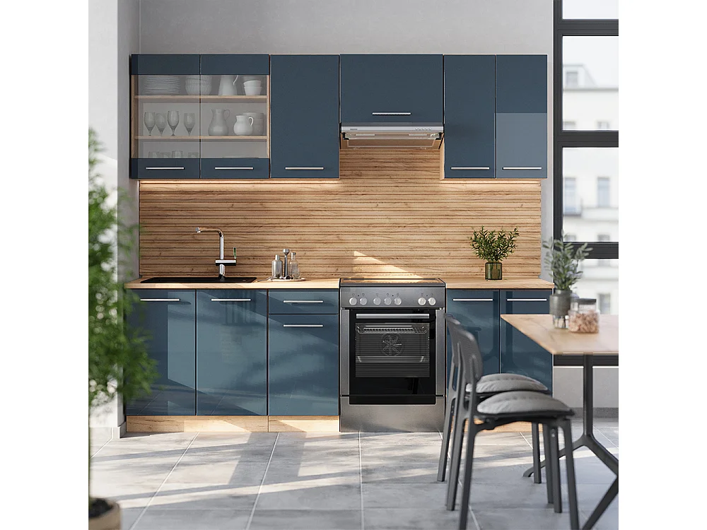 Muebles de cocina  azul oscuro alto brillo/roble dorado 240x46x81.6 fame-line