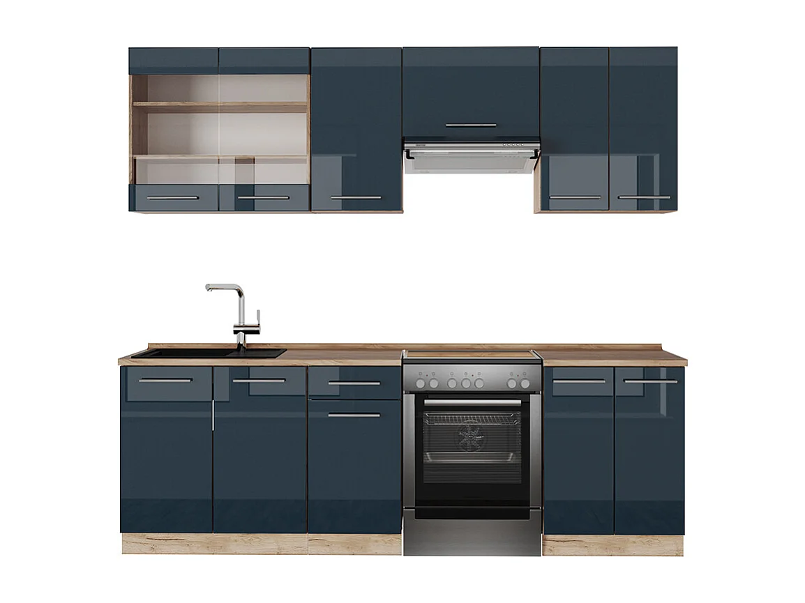 Muebles de cocina  azul oscuro alto brillo/roble dorado 240x46x81.6 fame-line