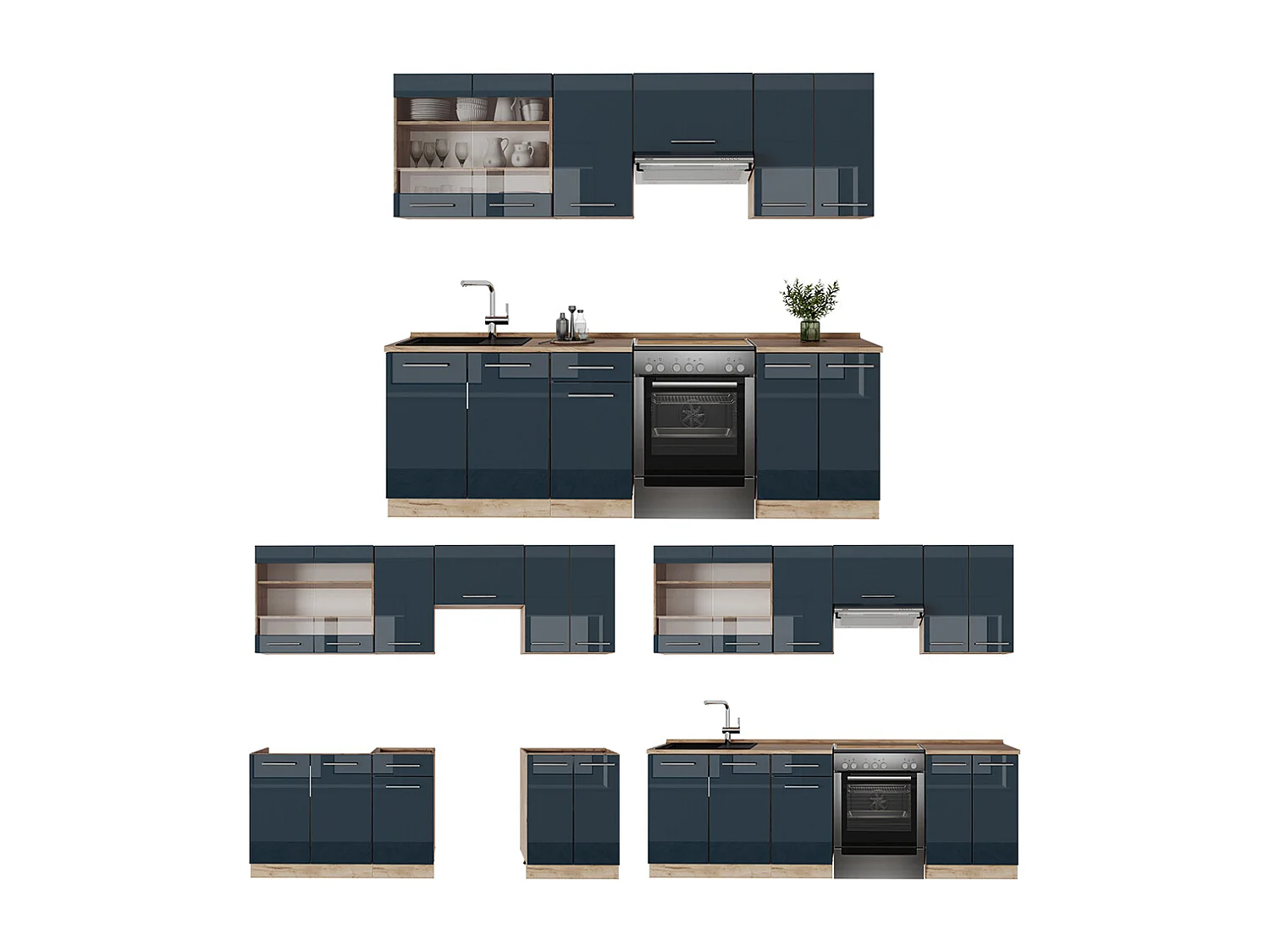 Muebles de cocina  azul oscuro alto brillo/roble dorado 240x46x81.6 fame-line