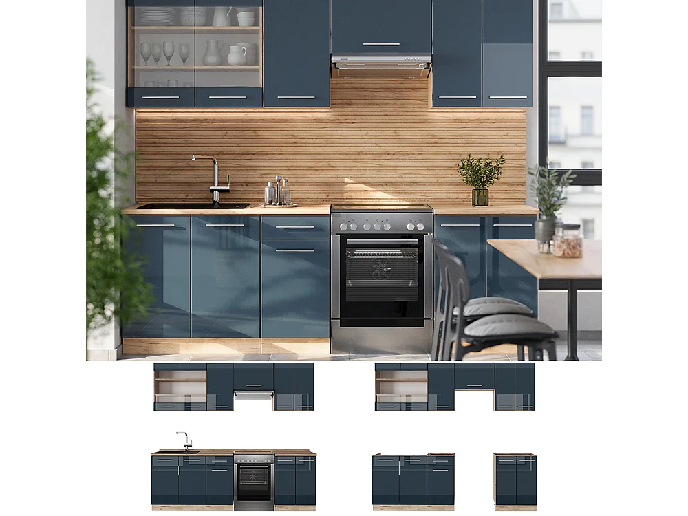 Kitchenette bleu foncé brillant/chêne doré 240x46x81.6 fame-line