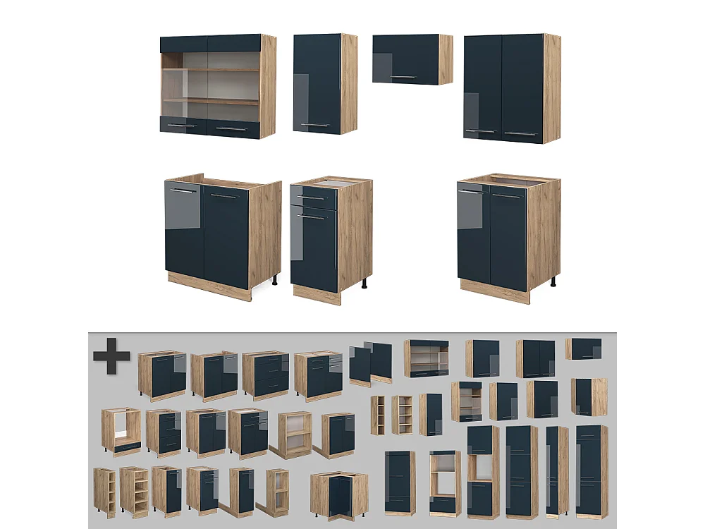 Kitchenette bleu foncé brillant/chêne doré 240x46x81.6 fame-line