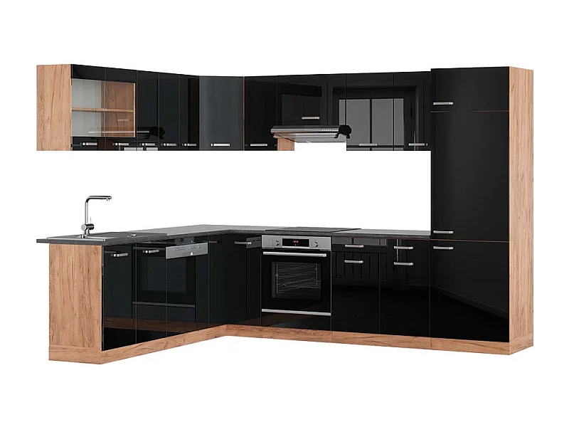 Cuisine en angle noir brillant/chêne doré 287x60x81.6 r-line