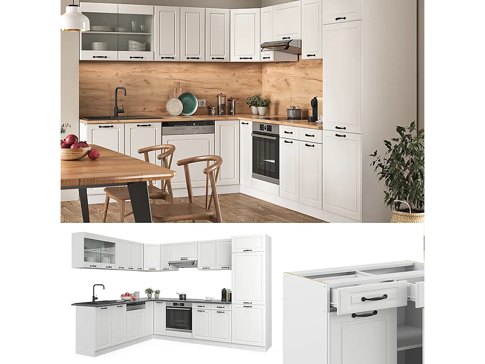 Kogoszczona kuchnia biały rustykalny/biały 287x60x81.6 r-line