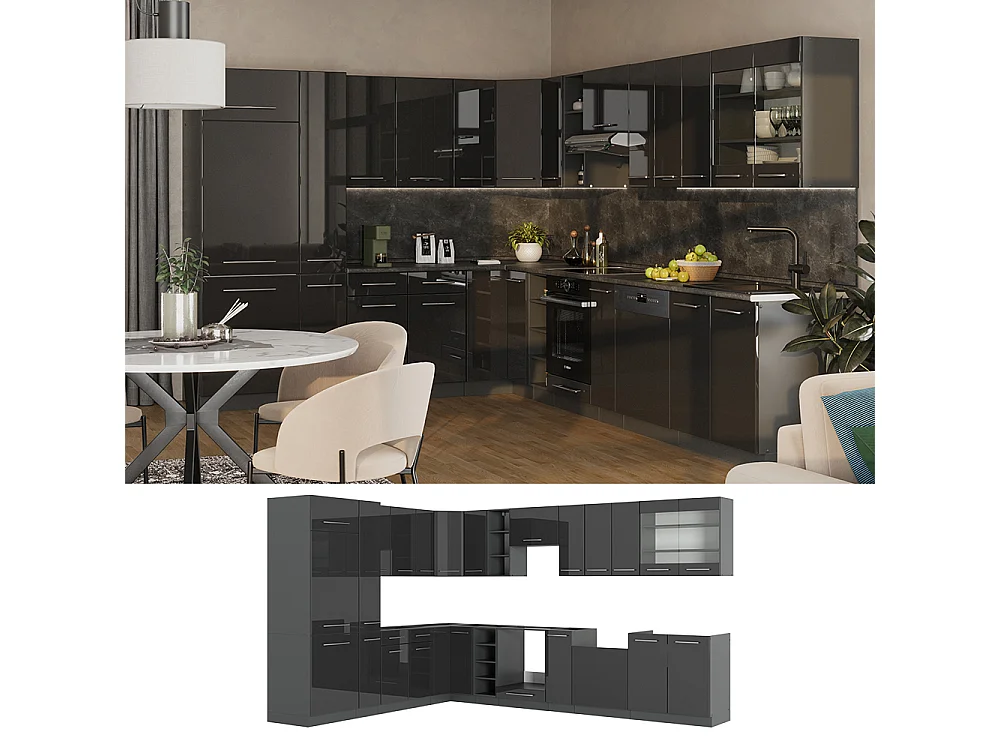 Cocina esquinera antracita alto brillo 347x60x81.6 fame-line