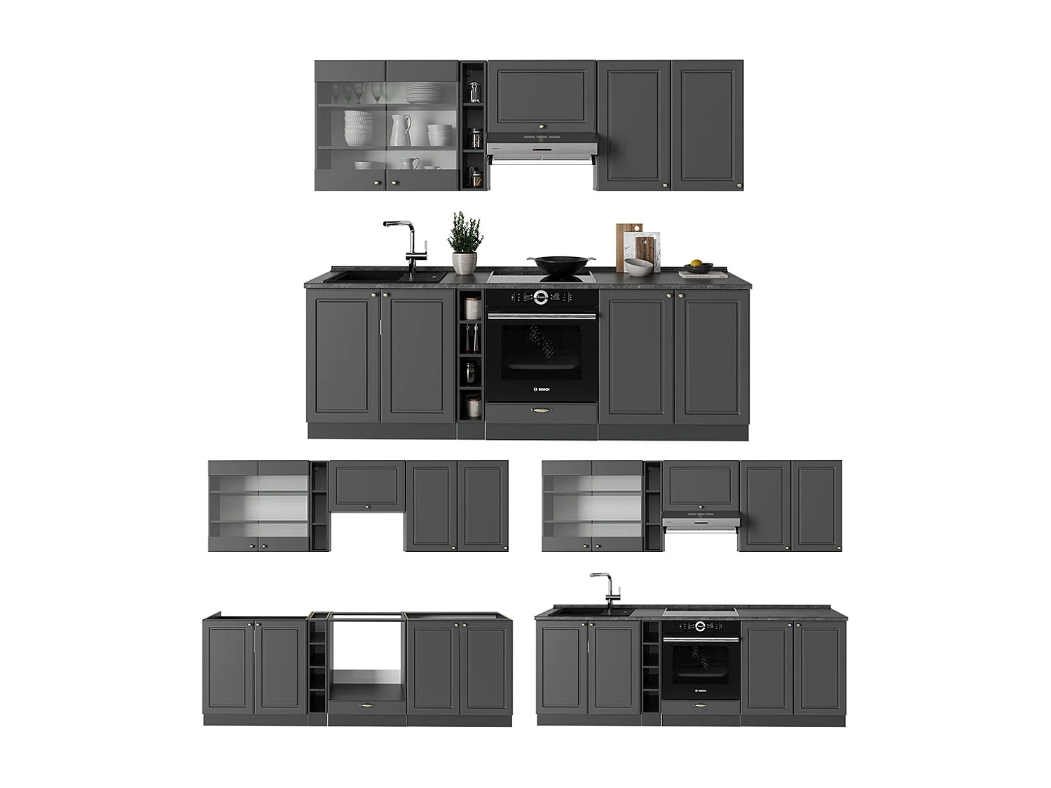 Mueble de cocina antracita-oro landhaus 235x60x81.6 fame-line