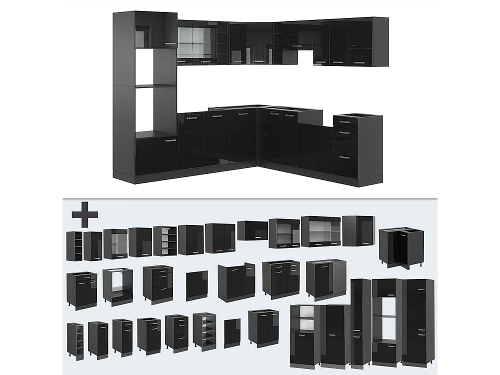 Cucina angolare completa nero lucido/antracite 247x60x81.6 r-line