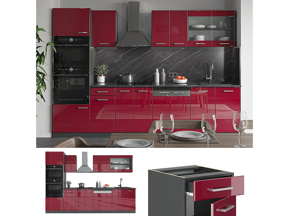 Kitchenette vermelho brilhante/antracite 300x60x81.6 r-line