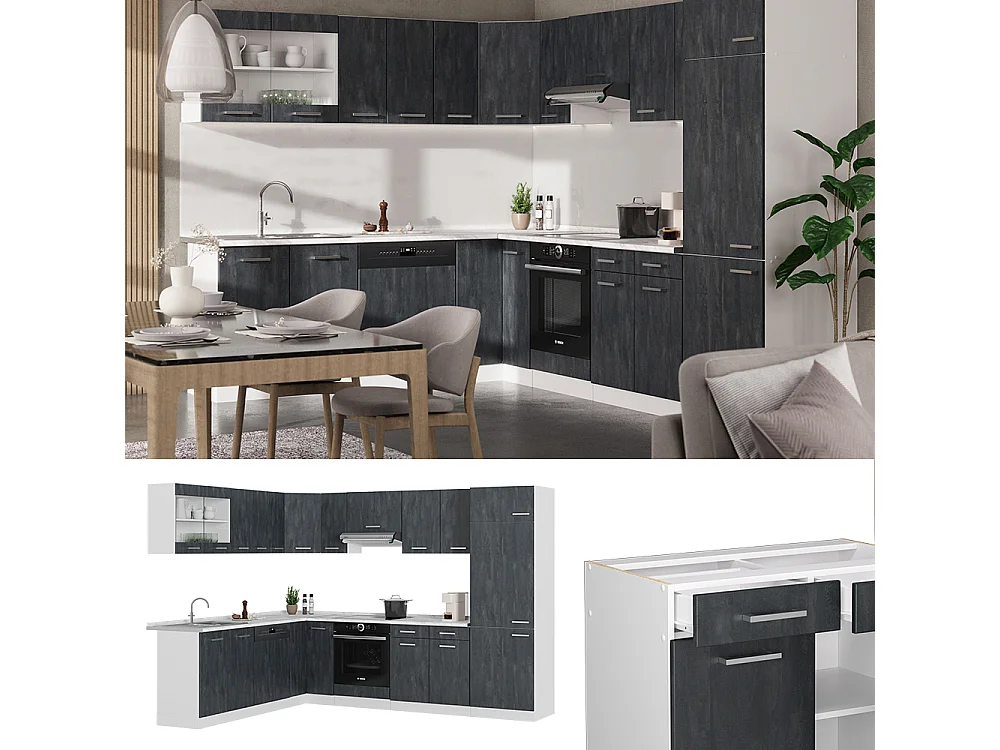 Cocina esquinera hormigón negro/blanco 287x60x81.6 r-line