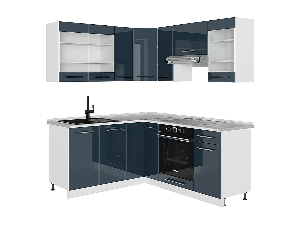 Armoires de cuisine  bleu foncé brillant/blanc 190x46x81.6 fame-line
