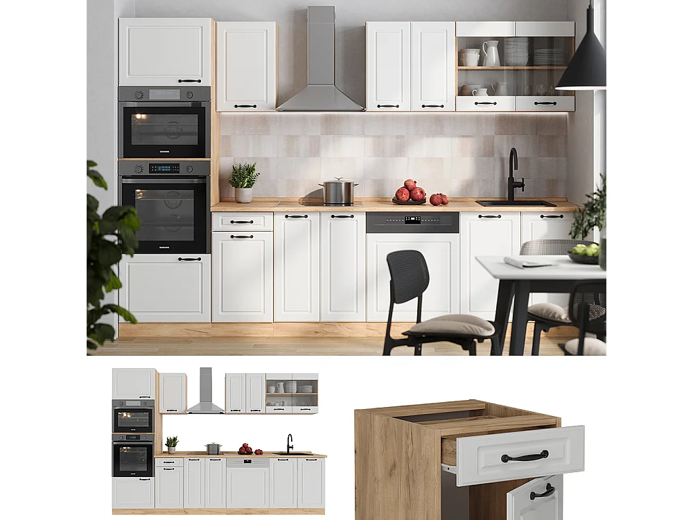 Mueble de cocina casa de campo blanca/roble dorado 300x60x81.6 r-line