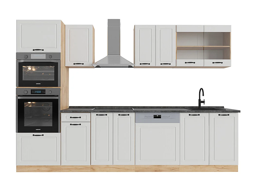 Køkkenrække hvidt landhus/gyldent egetræ 300x60x81.6 r-line