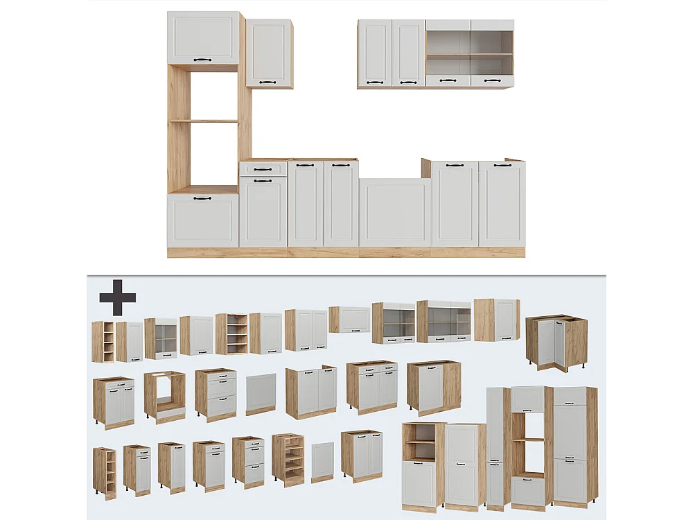Køkkenrække hvidt landhus/gyldent egetræ 300x60x81.6 r-line