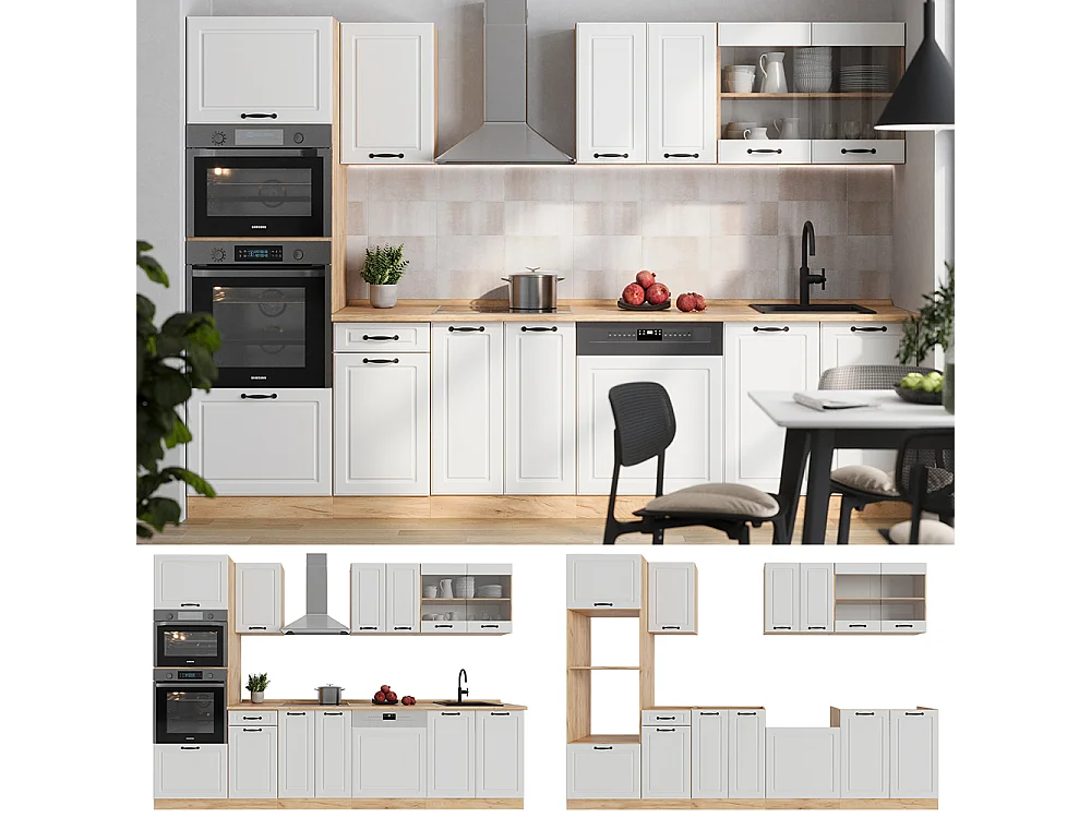 Køkkenrække hvidt landhus/gyldent egetræ 300x60x81.6 r-line