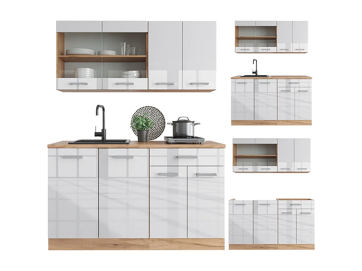 Cucina completa bianco lucido/oro power oak 140x46x81.6 r-line