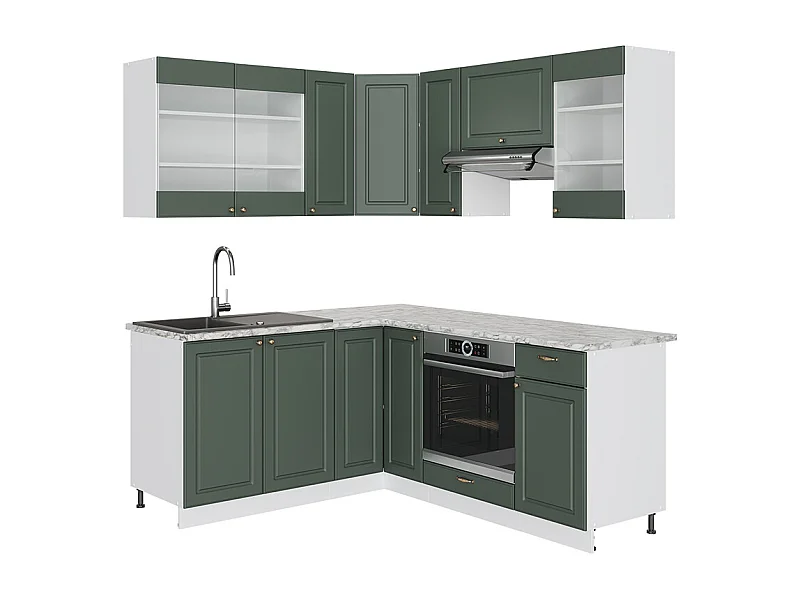 Cocina esquinera verde-dorado casa de campo/blanco 190x60x81.6 fame-line