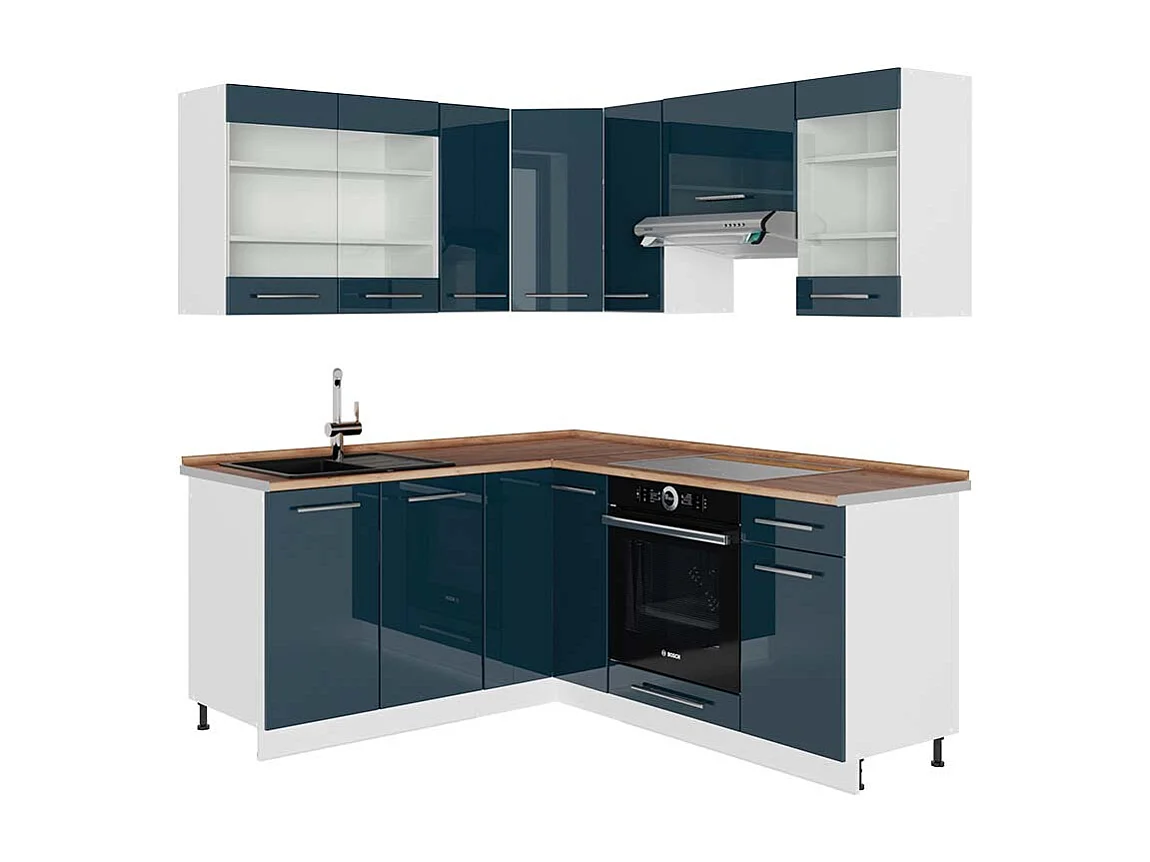 Armoires de cuisine bleu foncé brillant/blanc 190x60x81.6 fame-line