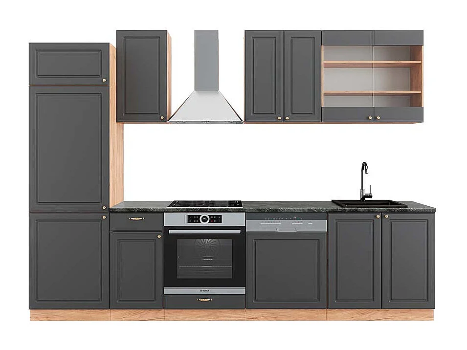Küchenzeile anthrazit landhaus/goldkraft eiche 300x60x81.6 fame-line