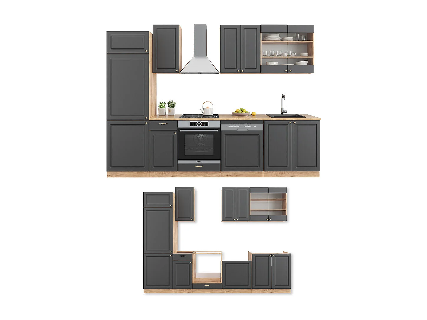 Küchenzeile anthrazit landhaus/goldkraft eiche 300x60x81.6 fame-line