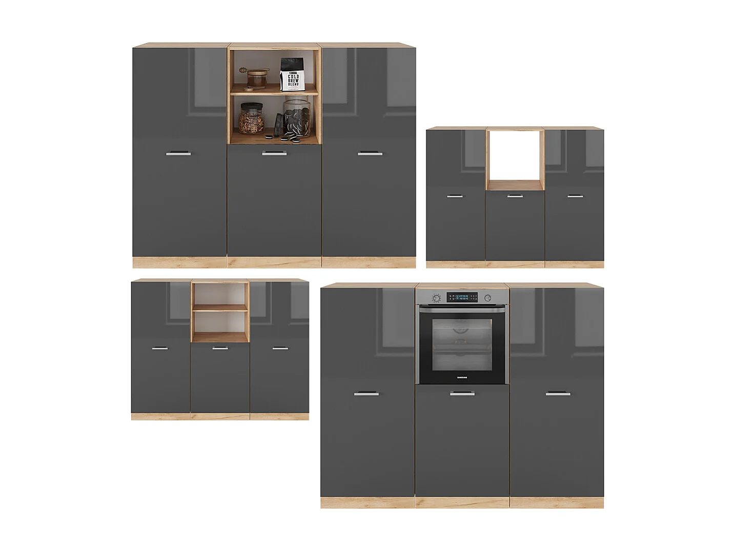 Bloc cuisine anthracite brillant/chêne doré 180x46x81.6 r-line