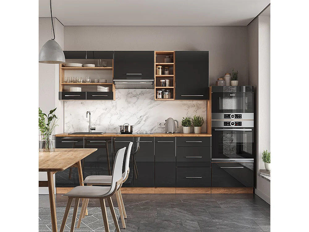 Küchenzeile anthrazit hochglanz/goldkraft eiche 280x60x81.6 fame-line