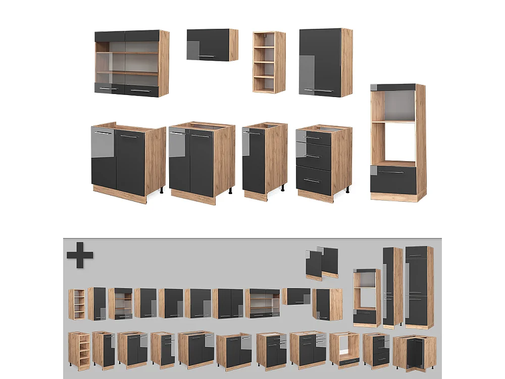Küchenzeile anthrazit hochglanz/goldkraft eiche 280x60x81.6 fame-line