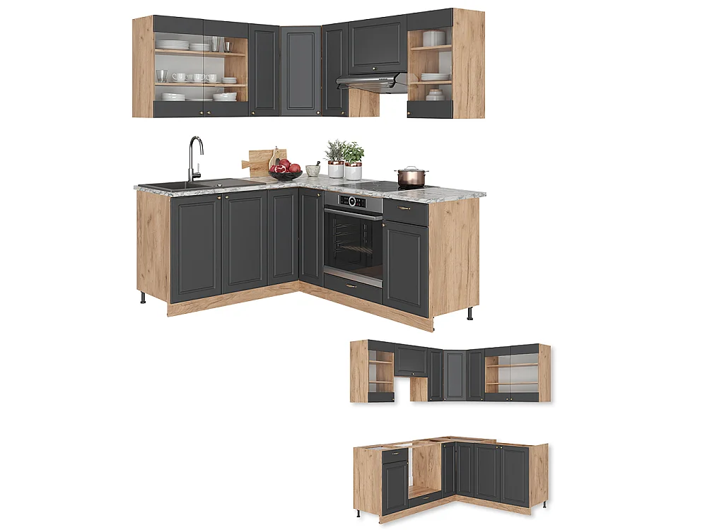 Cucina angolare completa antracite country house/oro kraft oak 190x46x81.6 fame-line