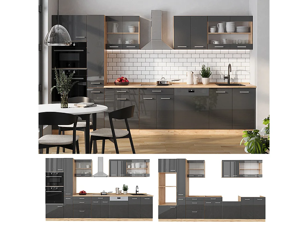 Cucina componibile antracite lucido/oro power oak 350x46x81.6 r-line