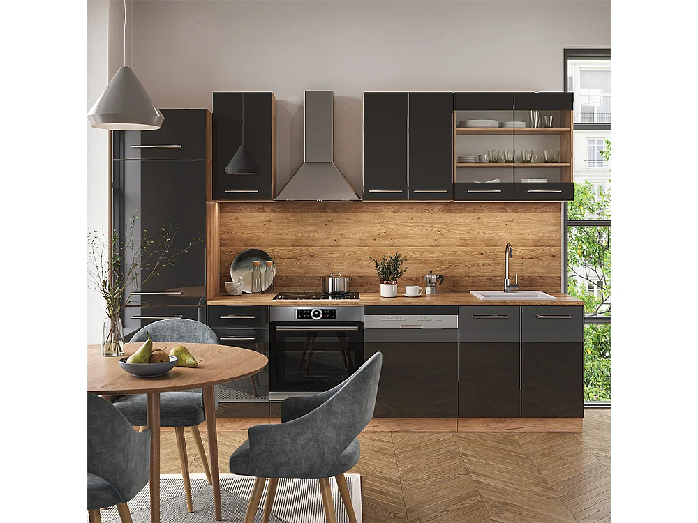 Küchenzeile anthrazit hochglanz/goldkraft eiche 300x60x81.6 fame-line