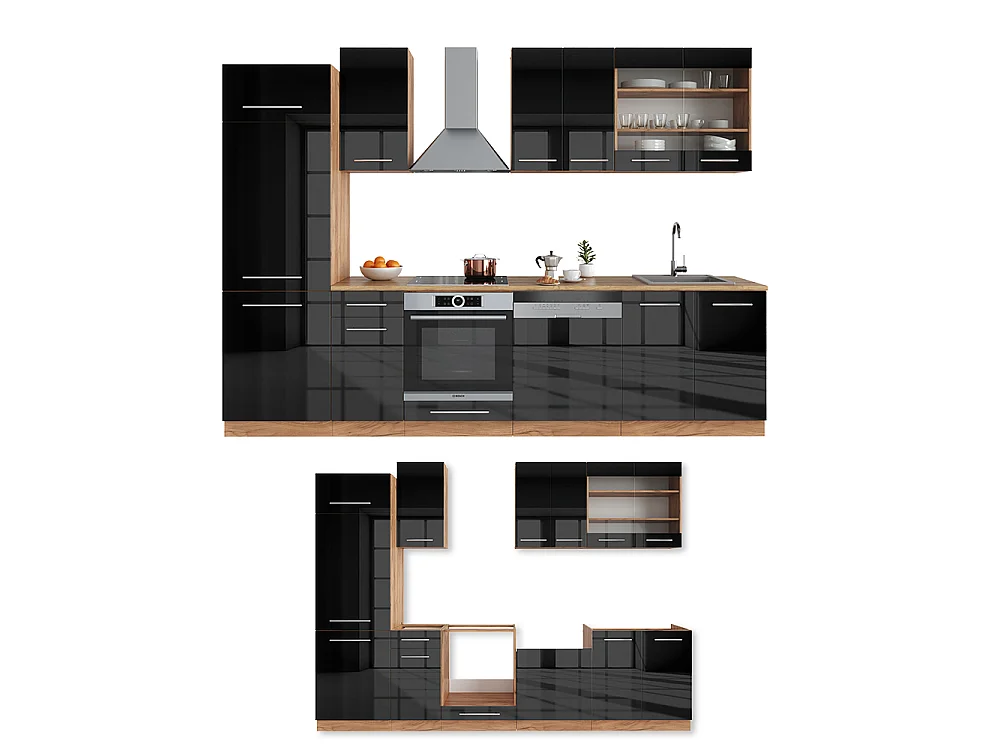 Køkkenrække antracit højglans/guld power oak 300x60x81.6 fame-line