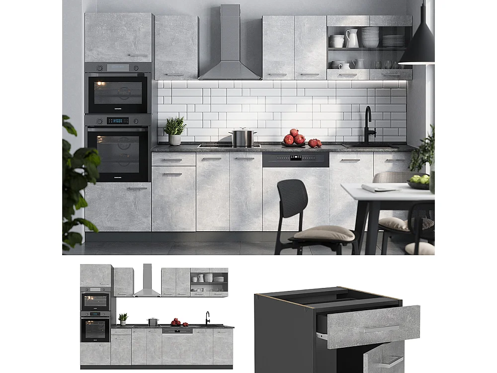 Küchenzeile beton/anthrazit 300x46x81.6 r-line