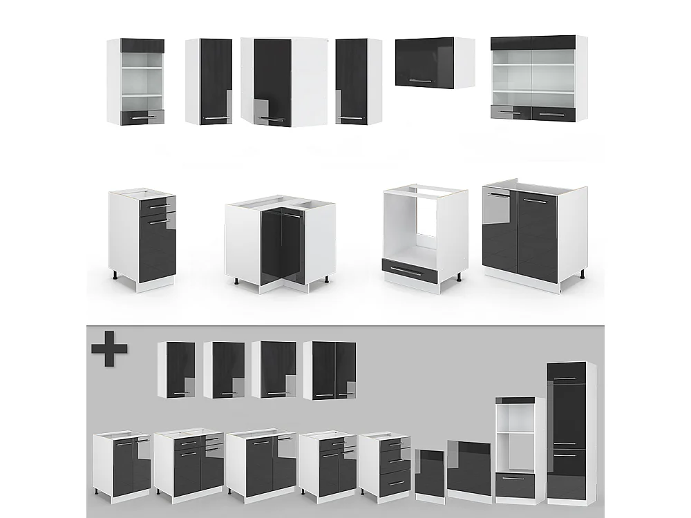 Cocina esquinera antracita brillo intenso/blanco 190x60x81.6 fame-line