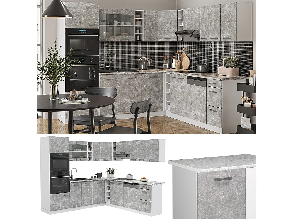 Cuisine en angle béton/blanc 247x60x81.6 r-line