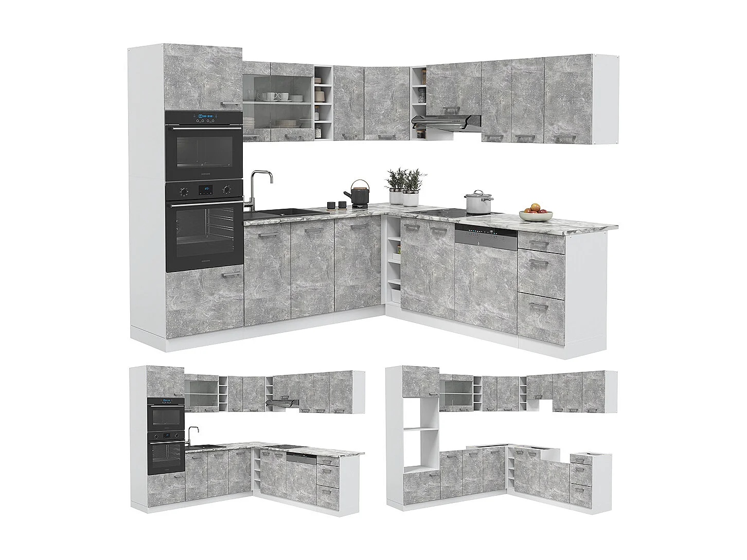 Cuisine en angle béton/blanc 247x60x81.6 r-line