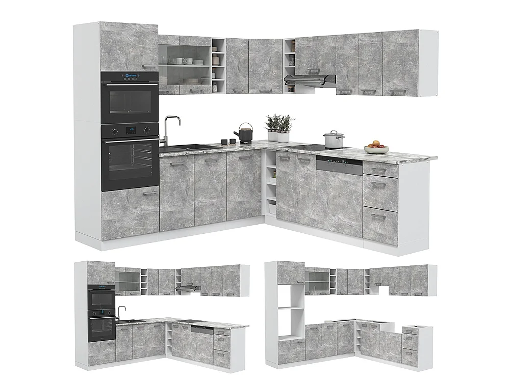Cuisine en angle béton/blanc 247x60x81.6 r-line