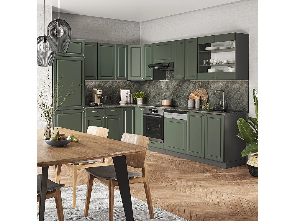 Cuisine en angle vert et or campagne/anthracite 287x60x81.6 fame-line