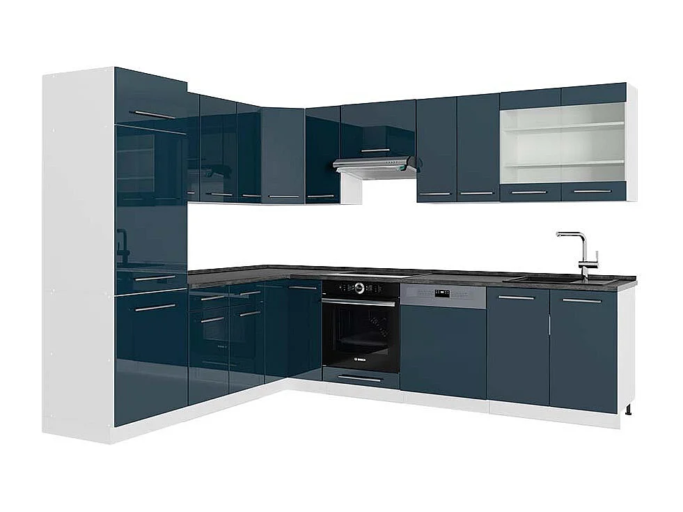 Cuisine en angle bleu foncé brillant/blanc 287x60x81.6 fame-line