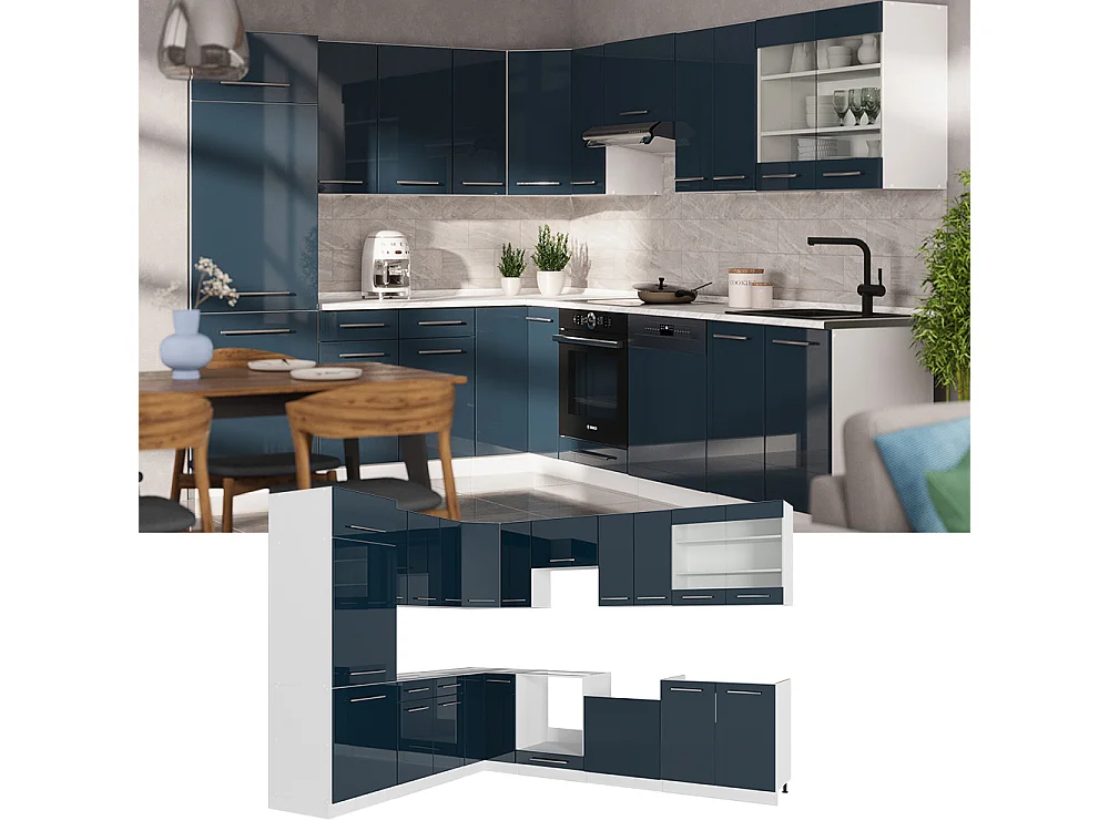 Cuisine en angle bleu foncé brillant/blanc 287x60x81.6 fame-line