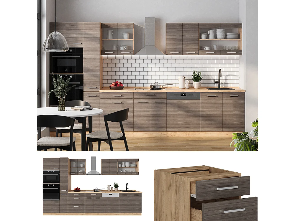 Cucina completa grigio nobile/rovere dorato 350x60x81.6 r-line