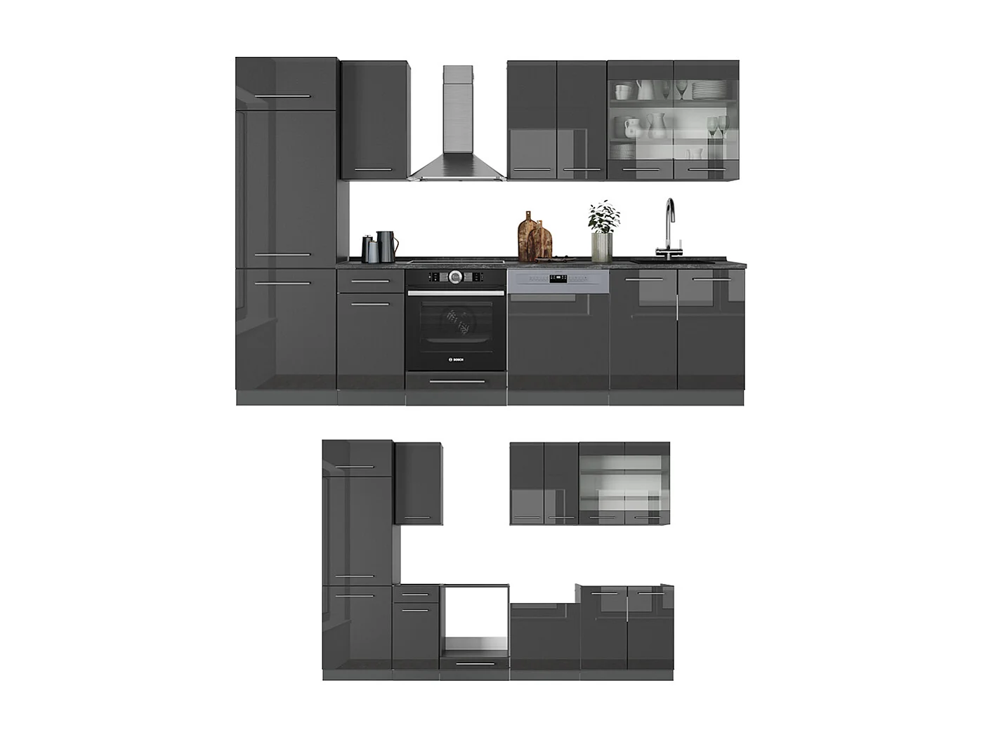 Küchenzeile anthrazit hochglanz 300x60x81.6 fame-line
