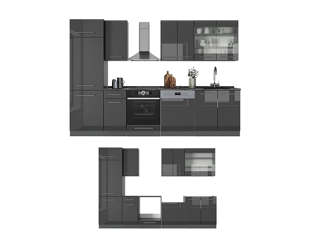 Complete keukeneenheid antraciet hoogglans 300x60x81.6 fame-line