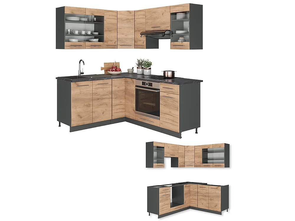 Cuisine en angle chêne doré/anthracite 190x60x81.6 fame-line
