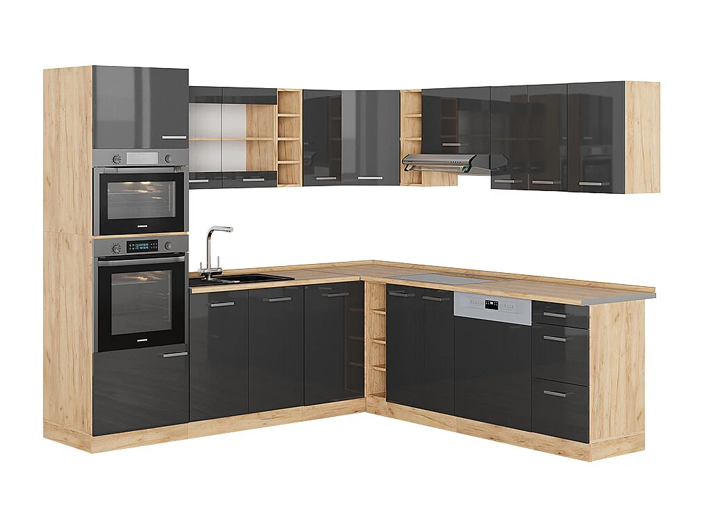 Cuisine en angle anthracite brillant/chêne doré 247x60x81.6 r-line