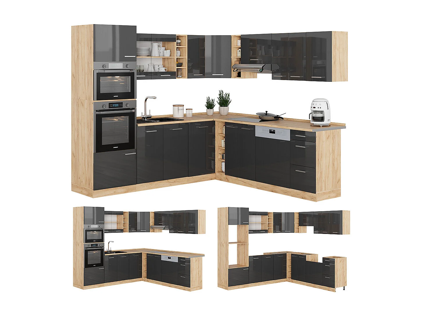 Cuisine en angle anthracite brillant/chêne doré 247x60x81.6 r-line