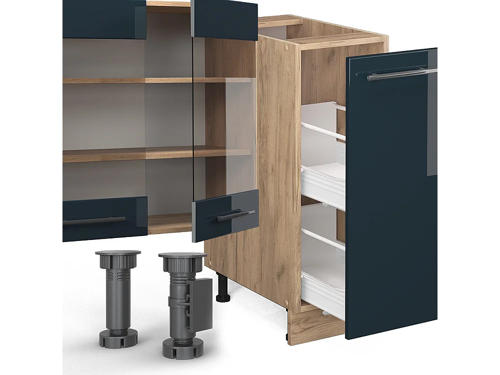 Muebles de cocina azul oscuro alto brillo/roble dorado 280x46x81.6 fame-line