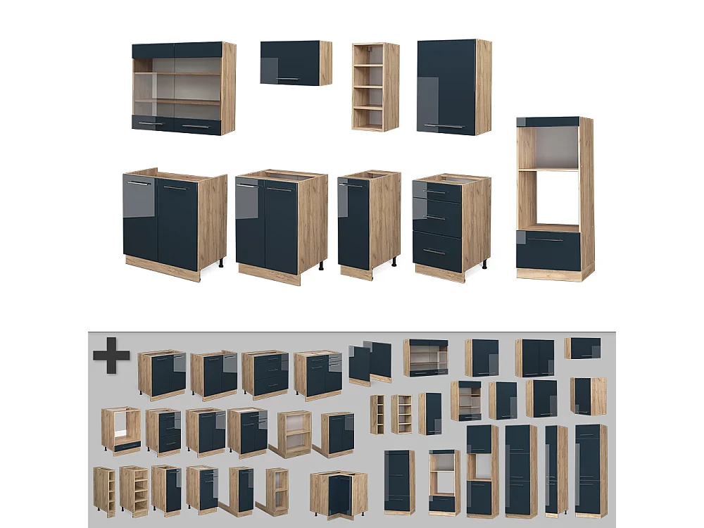 Mobili da cucina blu scuro lucido/rovere dorato 280x46x81.6 fame-line