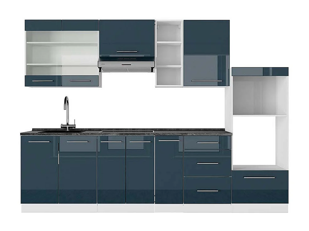 Mueble de cocina azul oscuro alto brillo/blanco 280x60x81.6 fame-line