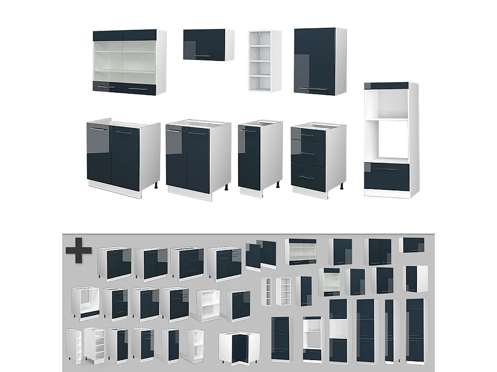 Mueble de cocina azul oscuro alto brillo/blanco 280x60x81.6 fame-line