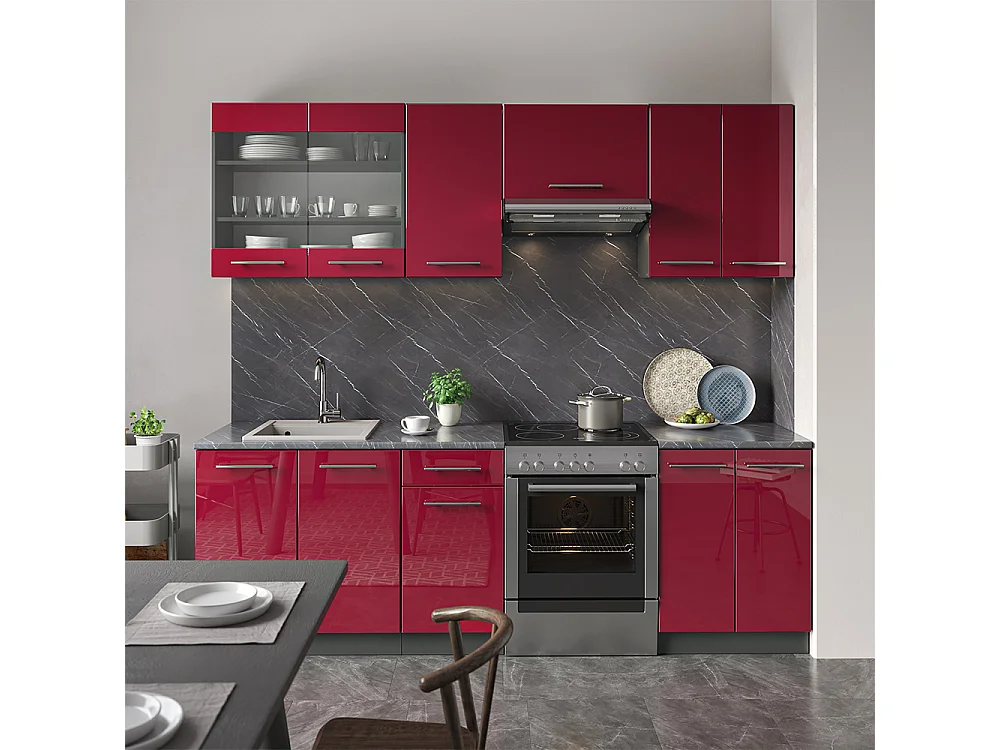 Armarios de cocina rojo burdeos alto brillo 240x46x81.6 fame-line